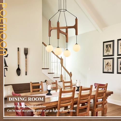 Rustic Wood Chandeliers with Milk Glass Globes Lampshades L24 '' Unique Mid Century Long 4-Light Pendant Chandelier Wood Stained Walnut Farmhouse for Living Dining Room Entryway Bedroom Kitchen,G9 - color: Walnut, size: L24 inches