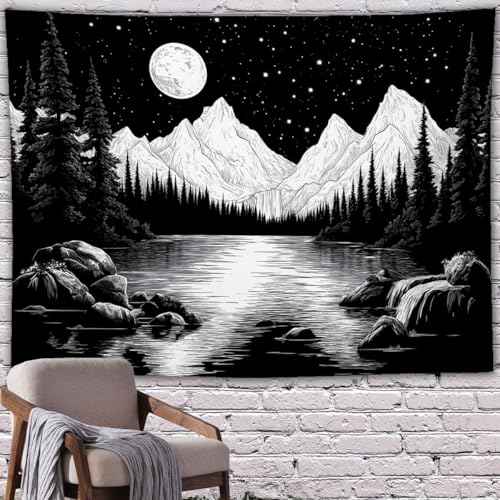 keowhsf Starry Night Mountain Lake Tapestry Black and White Tapestries Aesthetic Moon and Stars Wall Hanging Dark Nature Forest Tapestry for Bedroom Living Room Dorm Decor - color: StarryNight2, size: 60"L x 44"W