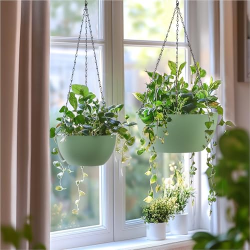 T4U 8 Inch Hanging Planter for Indoor Plants, 2 Pack Small Pots with Drainage Holes, Flower Basket Plant Holder for Home, Green - color: Green, size: 8 In