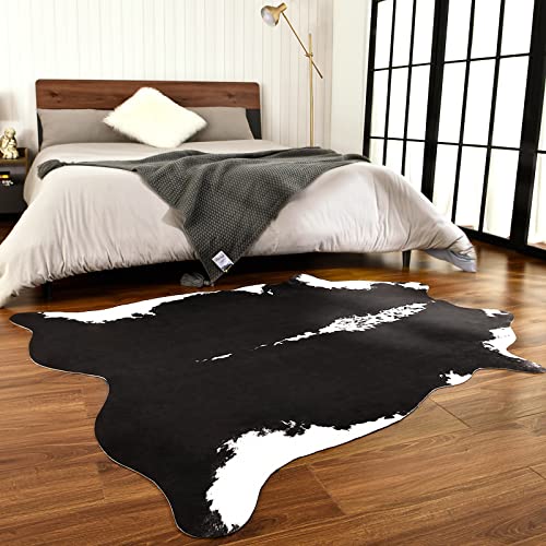 BENRON Premium Cowhide Rug Black, Faux Cow Hide Rugs for Living Room Bedroom Western Home Decor, Non Slip Cute Rug with Irregular Animal Skins and Hides, 4.6 x 5.2ft - color: Black, size: 4'7" x 5'2" (Irregular)