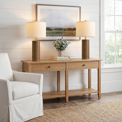 BOBOMOMO 24.25" Modern Farmhouse Table Lamps Set of 2, Geometric Wood Grain Resin Bedside Lamps for Nightstand, Rustic Lamps for Living Room, Bedroom, Entryway, Home Decor, Linen Shade - size: 24.25"