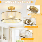 Modern Semi Flush Mount Ceiling Light, 3 Light Gold Ceiling Light with Rope Shade, Drum Light Fixture for Kitchen Bedroom Dining Room Hallway Entryway - color: Gold