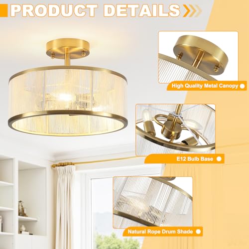Modern Semi Flush Mount Ceiling Light, 3 Light Gold Ceiling Light with Rope Shade, Drum Light Fixture for Kitchen Bedroom Dining Room Hallway Entryway - color: Gold