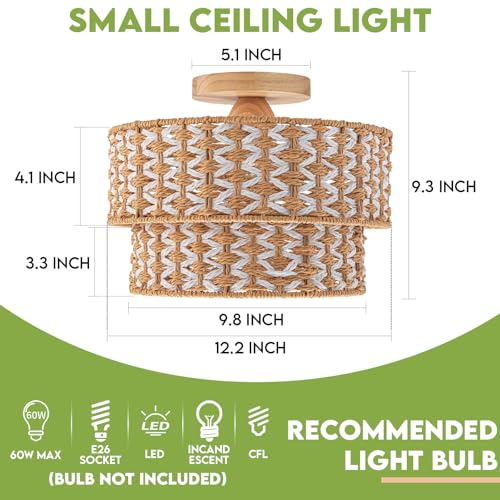 Boho Light Fixtures 2-Tier Rattan Ceiling Light Handwoven Drum Lamp Shade Flush Mount Ceiling Light Wooden Canopy Small Chandelier for Hallway Entryway Bedroom Kitchen Nursery Lights - color: 2-tone