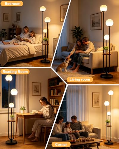 63IN Black Floor Lamp with Shelf Mid Century Modern Tall Standing Lamps with 3000K Warm White Bulb Included Dimmable Globe Floor Lamp with 5Lbs Heavy Base for Living Room/Bedroom/Home Decor - color: 3 Globe-Black Shelf