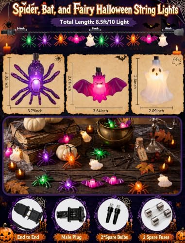 8.5ft LED Halloween String Lights with 10 LED Bulbs, Fairies Bats Spiders Lights - color: Multicolor Fairies Bats Spiders