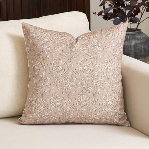 Amor Virisso Floral Pillow Covers 24x24 Inch Farmhouse Block Print Pillow Cover Accent Square Neutral Modern Decorative Throw Pillow Covers for Living Room Couch Bed Sofa Chair, Light Camel - color: Light Camel, size: 24" x 24" (Pack of 1)