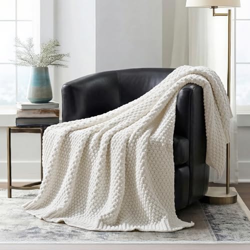 EVERGRACEHOME Chunky Chenille Knit Throw Blanket for Couch, Soft Luxurious Moss Stitch Blankets for Bed, Cozy Decorative Farmhouse Knitted Throws for Sofa, Bright White, 60" x 80" - color: Bright White, size: 60" X 80"