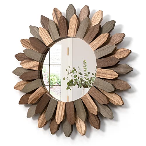Honiway Boho Wall Decor 12 inch Decorative Mirror with Rustic Wood Sunburst Frame, Perfect for Bedroom, Living Room, Bathroom, Kitchen - color: Tril Color, size: 12 inch (1 pack)