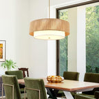 18'' Boho Rattan Chandelier Drum Pendant Light with Fabric Lampshade Hanging Light Fixture 3-Light Farmhouse Chandeliers for Dining Room Bedroom Kitchen Hallway Foyer - color: 18" Rattan&Fabric Gold
