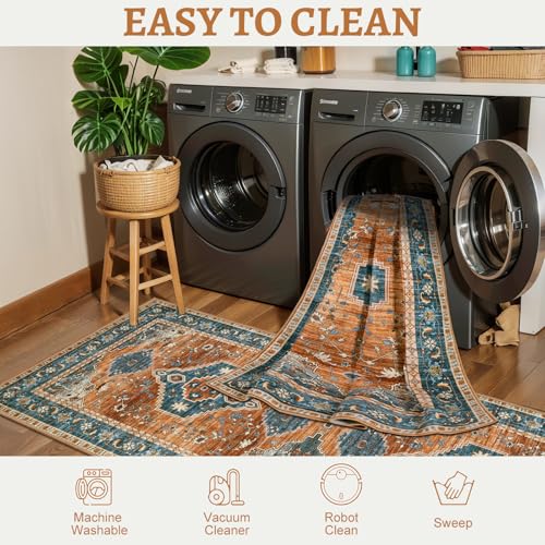 Tangsoo Oriental Small 2X3 Washable Rugs for Entryway, Vintage Non Slip Rug Carpet, Indoor Front Door Rug, Door Mat Indoor Entrance Soft Low Pile Throw Rugs for Entry Kitchen Bedroom Orange/Blue - color: Orange/Blue, size: 2' X 3' (Rectangular)