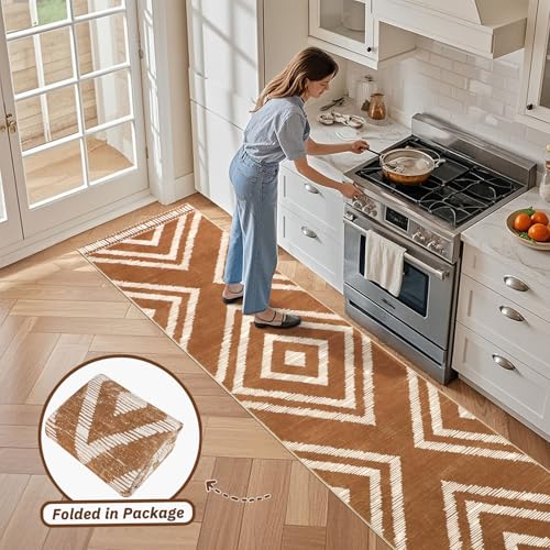 2x10Ft Boho Runner Rugs for Hallway Non Slip, Brown Washable Kitchen Rug Runners, Soft Moroccan Farmhouse Entryway Runner, Low Pile Geometric Floor Carpet for Bedroom Home Decor - color: Brown, size: 2' x 10' (Rectangular)