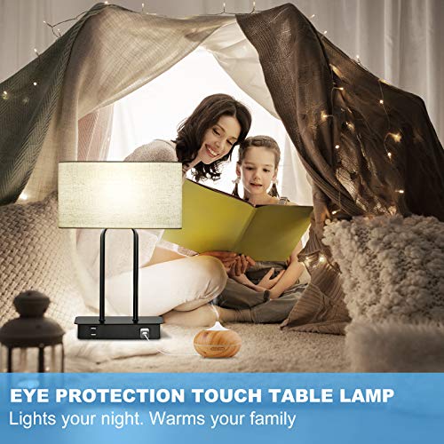 Bedside Touch Control Table Lamp with Dual USB Charging Ports 1 AC Outlet, 3 Way Dimmable Modern Nightstand Lamp with Cream Fabric Shade, Desk Lamp for Bedroom Living Room Office with 5000K LED Bulb - color: Cream