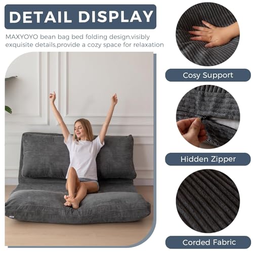 MAXYOYO Folding Sofa Bed, Extra Thick and Long Floor Sofa Convertible Chair with Washable Cover, Floor Couch Lounge Bean Bag Bed for Living Room, Dark Grey, 39x91 Inch - color: Dark Grey, size: Classic Twin