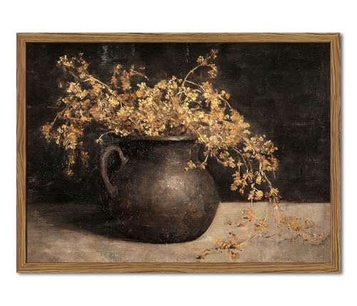 Framed Vintage Floral Wall Art, 3D Textured Sandstone Dark Still Life Flowers Wall Decor Paintings, Rustic Botanical Pictures Prints Aesthetic Home Decor for Living Room Bedroom 12x16 inch - color: Dark, size: 16"L x 12"W