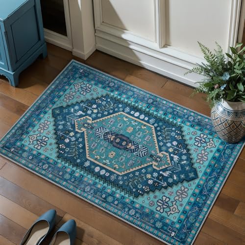 Ciicool Small Area Rug, 2x3ft Boho Rug, Ultra Soft Entry Rugs for Entryway, Non-Slip Washable Rugs Oriental Low-Pile Indoor Mat Floor Carpet for Entrance Bedroom Kitchen Bathroom Foyer Decor - color: Teal, size: 2' X 3' (Rectangular)