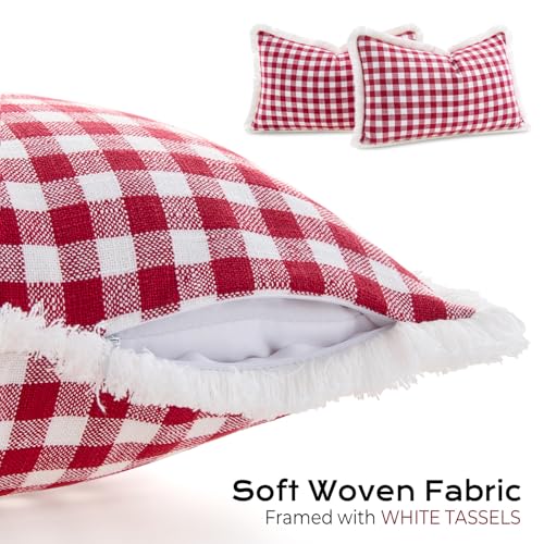 Red and White Christmas Plaid Lumbar Pillow Covers 12x20 Set of 2 with Tassels, Red Gingham Winter Holiday Lumbar Pillow Covers 12 x 20, Christmas Outdoor Pillows for Porch and Patio (Woven Fabric) - color: Lumbar Red & White (With Tassels), size: 20" x 1