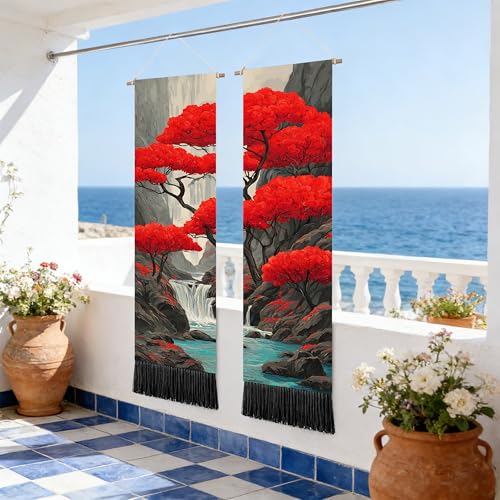 seewan 2 Pack Long Vertical Wall Tapestry, Boho Nature Landscape & Floral Aesthetic Wall Hanging for Bedroom Living Room Home Decor, Long Narrow Art Tapestry with Sunrise Mountain Botanical Designs, 13" × 51" (Scarlet Maple Scene, 13"Wx51"H, Unframed) - c