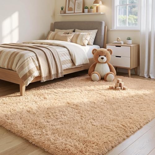 Jelymark Super Soft Shaggy Rug for Bedroom, 4x5.9 Fluffy Carpet for Living Room, Fuzzy Indoor Plush Area Rug for Home Decor, Furry Floor Rugs for Dorm, Cute Kids Nursery Rug for Girls, Beige - color: Beige, size: 4' x 6' (Rectangular)