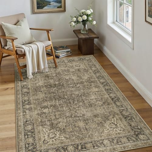 3x5 Washable Area Rug Brown Vintage Non Slip Soft Low Pile Rug for Entryway Kitchen Bathroom Distressed Oriental Throw Carpet for Living Room Bedroom Home Decor - color: Brown/Black, size: 3' x 5' (Rectangular)