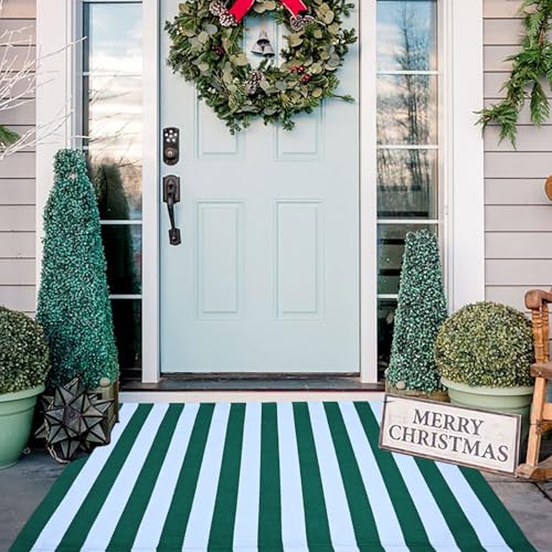 Green & White Striped Rug, 2'4" x 3'7" Indoor/Outdoor Area Rug for Front Porch, Entryway, Machine Washable Cotton Woven Welcome Door Mat - color: Green & White Stripe, size: 2'4" x 3'7" (Rectangular)