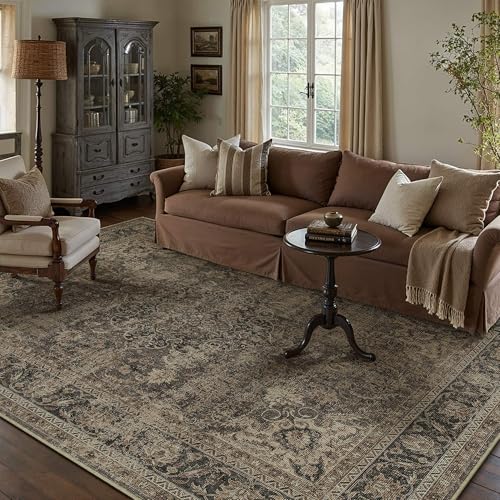4x6 Washable Area Rug Brown Vintage Non Slip Soft Low Pile Rug for Entryway Kitchen Bathroom Distressed Oriental Throw Carpet for Living Room Bedroom Home Decor - color: Brown/Black, size: 4' x 6' (Rectangular)