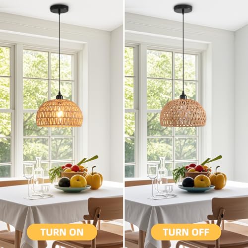 Rattan Pendant Light, 11" Boho Dome Dining Room Chandelier, Brown Woven Kitchen Pendant Lighting over Island, Coastal Wicker Light Pendant Hanging Light Fixture for Nursery Entryway Bedroom, E26 Base - color: 11" Brown