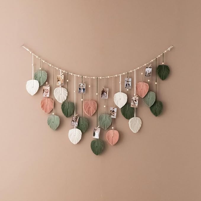 Macrame Leaves Wall Hanging 57x29.5Inch Large Chic Feather Boho Macrame Wall Decor Leaf Hanging Photo Display Handmade Woven Wall Art 19pcs Leaf Tapestry - Pink Green (Pink Green - 57*29.5in)