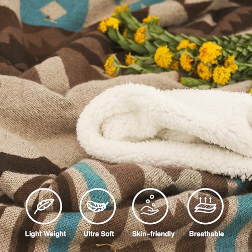 Aztec Throw Blanket with Soft Sherpa Lining, Traditional Southwestern Navajo Tribal Style Warm Throw for Camping, Outdoor, Cozy Boho Blanket for Couch, Sofa, Bed, 50"x60", Teddy Brown - color: Teddy Brown, size: 50" x 60"