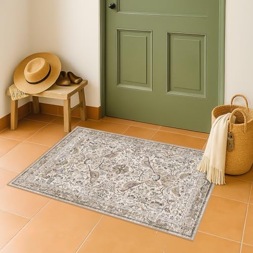 Boho Moss 2x3 Indoor Rugs for Entryway, Vintage Washable Small Throw Rug for Kitchen, Non Slip Soft Floral Bathroom Carpet with Bird Pattern, Low Pile & Stain Resistant - color: Moss Green, size: 2' x 3' (Rectangular)