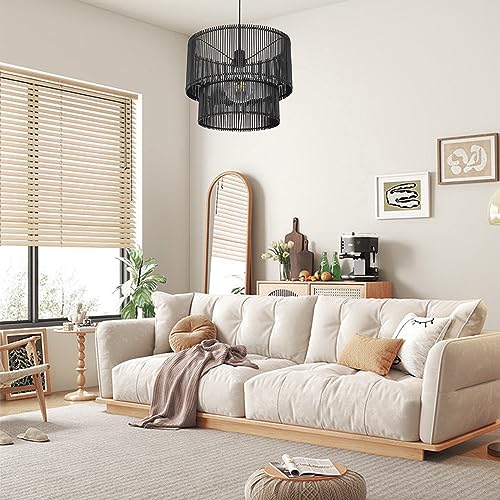 Woven Rattan Pendant Lamp, 16 Inch Large Natural Simple Hand Weaved Coastal Beach Black Rope Hanging Pendant Light Fixture for Dining Room Living Room Bedroom Kitchen Foyer - size: 6528L