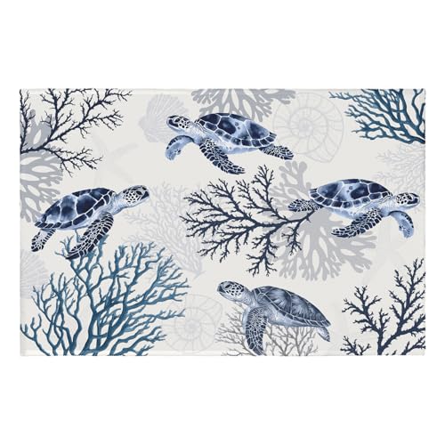 Summer Coastal Outdoor Door Mat 2x3 Nautical Coral Sea Turtle Entryway Area Rug Navy Blue Beach Theme Small Low Pile Front Doormat Washable Throw Rugs for Living Room Bedroom Kitchen - color: Coastal Turtle