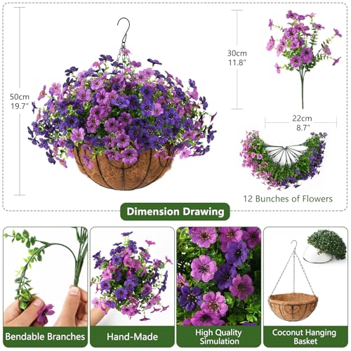 Artificial Faux Hanging Baskets Flowers Plants for Outdoor Spring Decoration, Fake Silk Daisy Outside Indoor UV Resistant Look Real Yard Patio Front Porch Garden Balcony Home Decor(Double Purple) - color: Double Purple