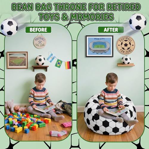Boao 27'' Large Soccer Bean Bag Chairs Cover (No Filling) Washable Stuffed Animal Storage Beanbag Chair Canvas Bean Bag Cover with Zipper for Organizing Plush Toys Textile Sack - color: Football, size: 27 Inches