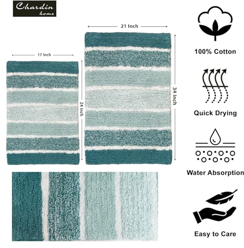 Chardin home Cordural Stripes Bath Mat, Set of 2 Bath Rugs (17x24 Inches & 21x34 Inches) | Non Slip Bathroom Rug, Machine Washable, Plush, Highly Absorbent | Teal Blue-Green-White - color: Teal Blue/Green