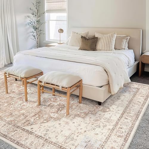 BILEEHOME Boho Neutral Living Room Rug 5x7,Washable Vintage Rustic Earth Tone Modern Farmhouse Persian Area Rugs for Dining Room Bedroom, Light Tan Brown Beige with Rust Terracotta Pattern - color: Coffee/Rust Brown, size: 5' x 7' (Rectangular)