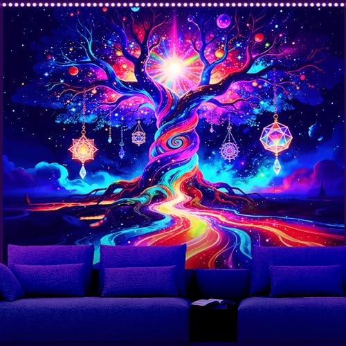 AOHMPT Blacklight Tree of Life Tapestry Trippy Fluorescent Wall Hanging Psychedelic Rainbow Galaxy Glow in the Dark Crystal Starry Night Tapestries for Bedroom Decor, 79x59 In - color: Tree(4), size: 79"L x 59"W