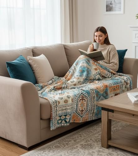 Aipon Boho Aztec Throw Blanket 60"x 80", Western Indian Native American Blanket Southwestern Decor, Orange Teal Soft Cozy Lightweight Throws Blankets Gifts for Women Men Couch Bed Sofa Chair - color: Orange Teal, size: 60.00'' × 80.00''