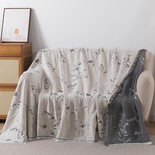 Lemfux 4-Layer 100% Cotton Muslin Cooling Blanket, Boho Floral Gauze Throw with Fringe, Ultra Soft Breathable Lightweight Bedspread Coverlet for Bed Sofa Couch (White-Dark Grey Floral, 80"x90") - color: White-dark Grey Floral, size: 80"x90"