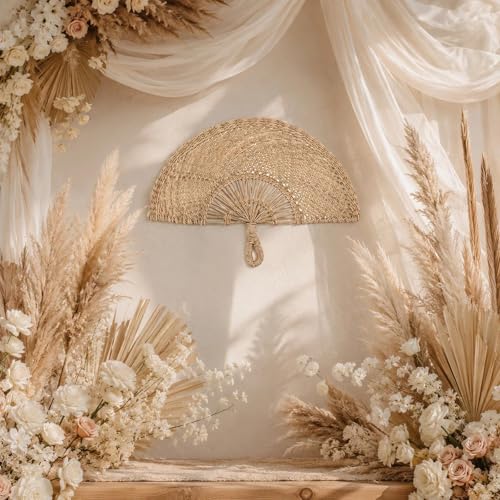LOGOFUN Handmade Straw Woven Semicircle Fan Wall Art Decor | For Rustic Farmhouse Decoration, Boho Wedding Hanging Ornament