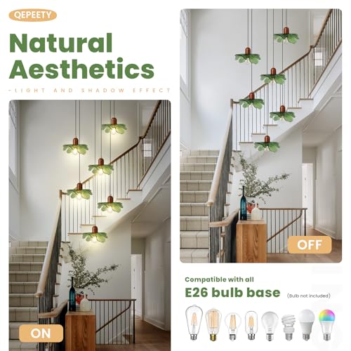 Long Chandelier for High Ceilings Flower Pendant Light 6-Lights Modern Black Chandelier Green Hanging Flush Mount Lighting Fixtures for Spiral Staircase Foyer Entryway Living - color: Green, 6 Lights