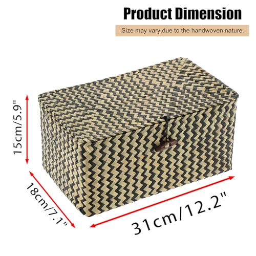 Hipiwe Wicker Shelf Baskets with Lid Seagrass Storage Baskets Handwoven Household Organizer Rectangular Woven Organizer Box for Storage Shelf Wardrobe,Medium - color: Black, size: Medium