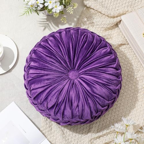 Drydiet 1 Pcs Round Throw Velvet Pillows Decorative Pleated Throw Pillows Diameter Accent Pumpkin Boho Chair Cushion for Couch Sofa Home Decoration (Purple,15'') - color: Purple, size: 15''