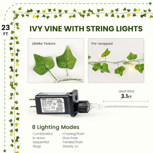 Vine with Fairy Lights, 23 FT 73 LED Ivy Leaf Lights Indoor Plug in, Fake Vine String Lights for Bedroom, Dorm, Wall, Party, Garden, Birthday, Wedding, Room Decor, Warm White - color: IVY, size: 73LED - Plug in