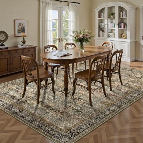 6x9 Area Rugs - Washable Vintage Retro Living Room Rug, Soft Ultra Thin Non Slip Low Pile Traditional Distressed Boho Carpet for Bedroom Dining Room Nursery Home Office, Charcoal Olive - color: B-charcoal / Olive, size: 6x9