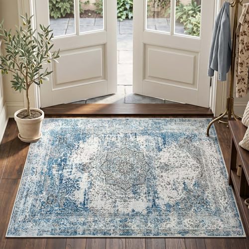 jinchan Area Rug 3x5 Washable Doormat Vintage Distressed Rug Door Mat Indoor Entrance Thin Traditional Gray Floral Lightweight Non Slip Carpet for Kitchen Bedroom Living Room Blue - color: Vintage Blue, size: 3' x 5' (Rectangular)