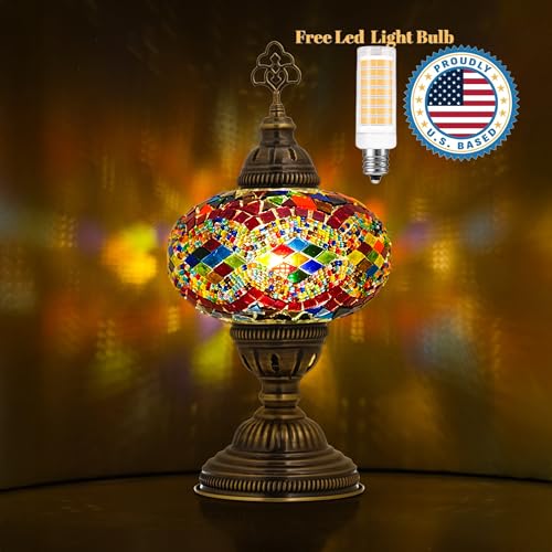 Moroccan Turkish Lamp – Colorfull Mosaic Glass Bedside & Desk Light, Handcrafted Vintage Home Decor with E12 Socket - color: Rainbow-1