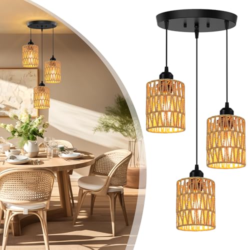 3 Light Pendant Lighting, Farmhouse Hanging Light Fixture for Kitchen Island & Dining Room, Industrial Vintage Ceiling Lamp with E26 Base, Adjustable Height, Rattan Pendant Light - color: Round Base – Rattan Pendant