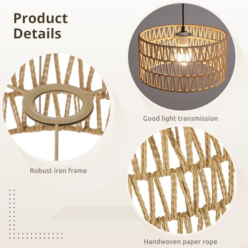 Rattan Lamp Shade, Retro Farmhouse Wicker Lampshade Replacement, 12.6" D×6.3" H Large Cylinder Woven Lamp Shade for Floor Light, Pendant Light, Chandelier