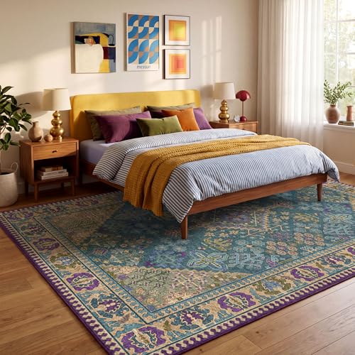 9x12 Area Rugs for Living Room, Machine Washable Low Pile Rug, Non Slip Backing Boho Rugs for Bedroom, Printed Soft Vintage Carpet Teal Green Purple 9 x 12 - color: 15/Teal/Harvest Gold/Violet/Azure, size: 9' x 12' (Rectangular)